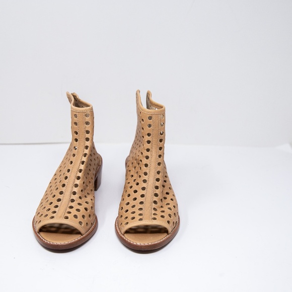 Loeffler Randall Lone Genuine Leather Perforated Open Toe Ankle Block Heel Boots - Picture 2 of 4